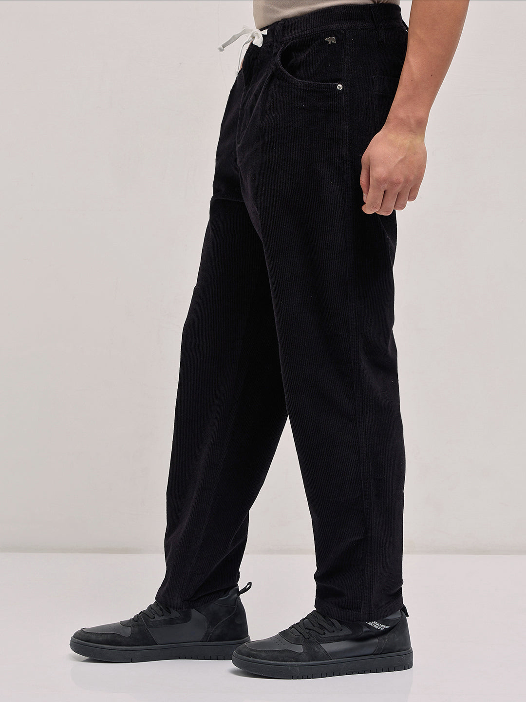 Men Black Solid Baggy Fit Corduroy Cotton Pant