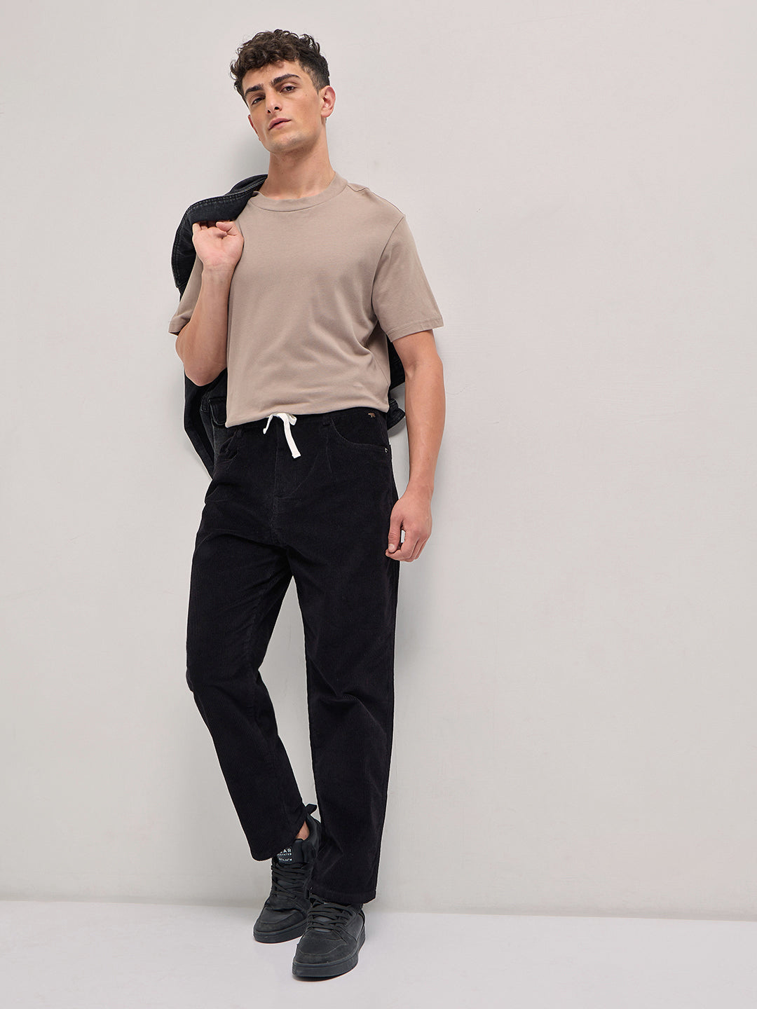 Men Black Solid Baggy Fit Corduroy Cotton Pant