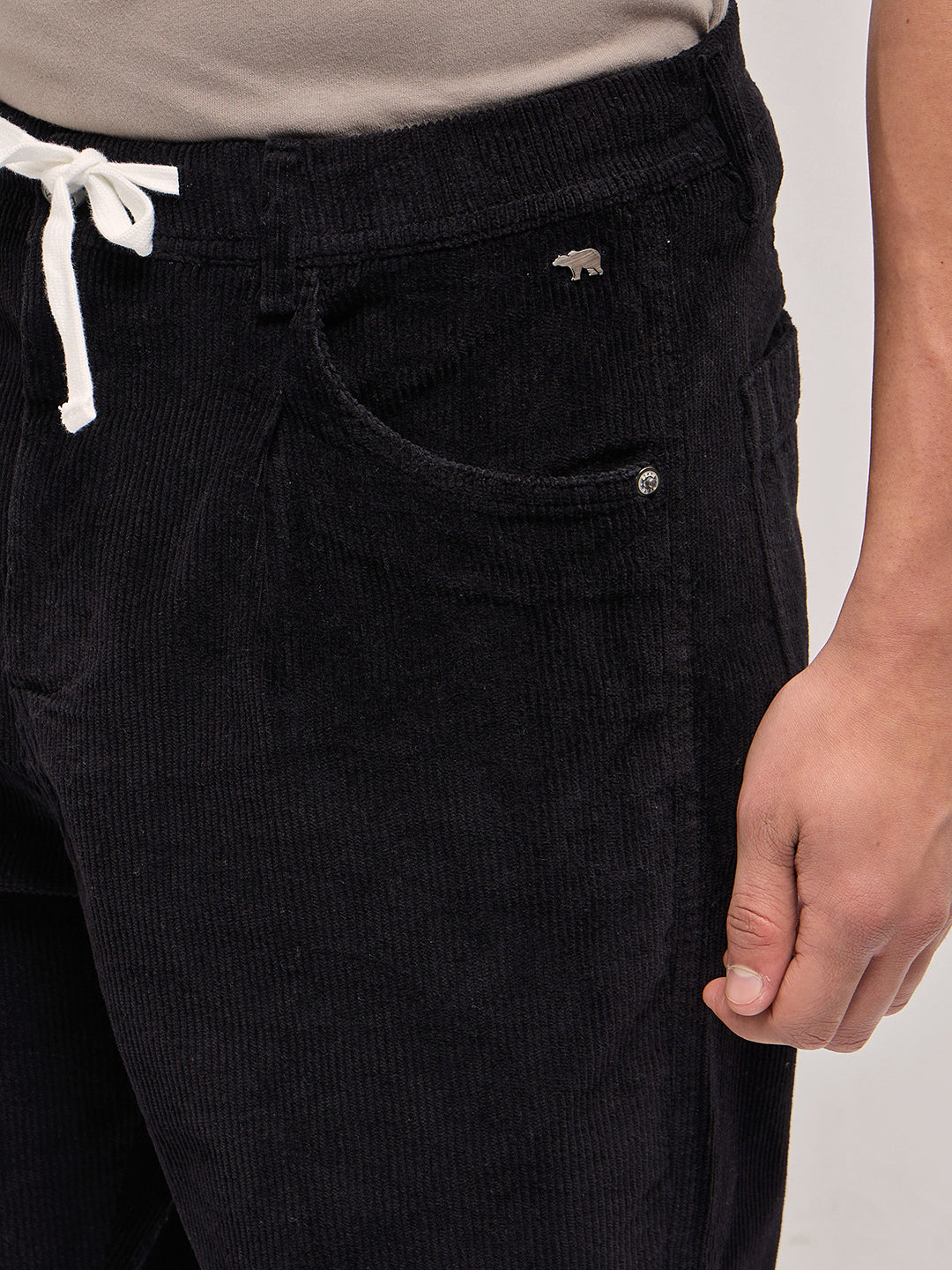 Men Black Solid Baggy Fit Corduroy Cotton Pant
