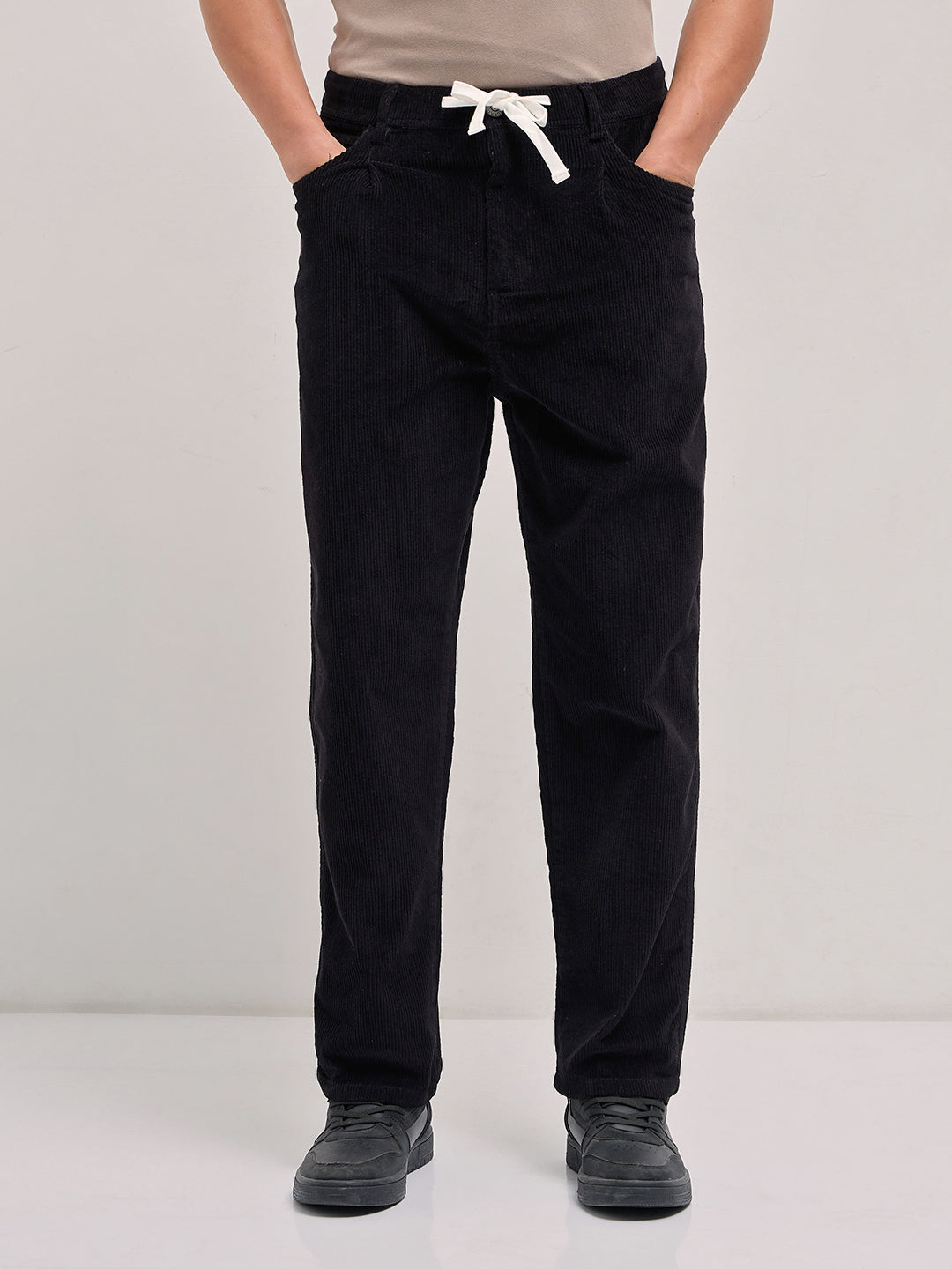 Men Black Solid Baggy Fit Corduroy Cotton Pant
