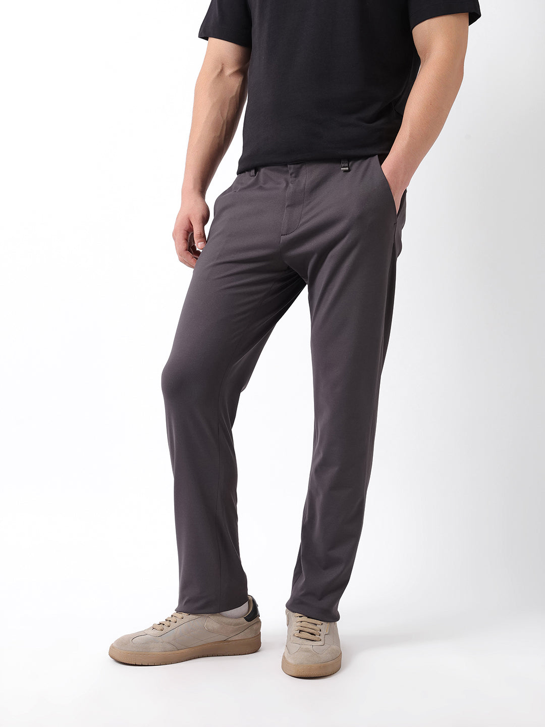 Men Grey Solid Casual Trousers
