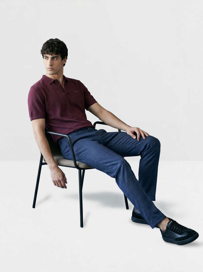 Men Blue Checked Formal Trouser