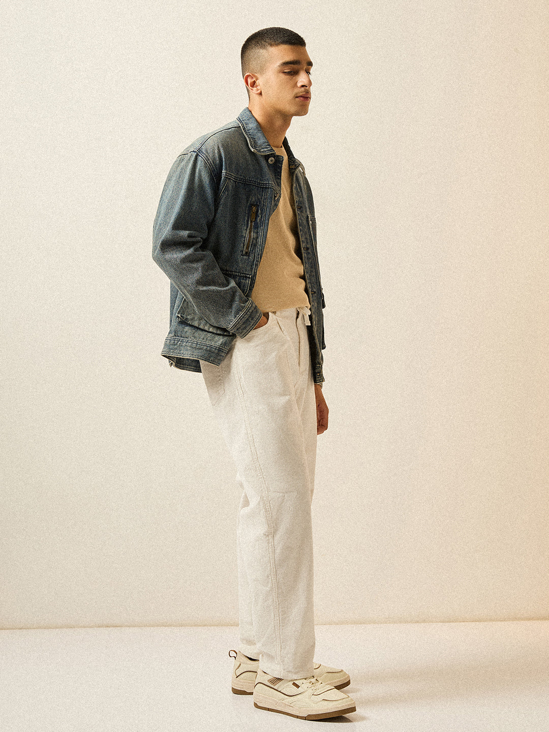 Men White Solid Baggy Fit Corduroy Cotton Pant