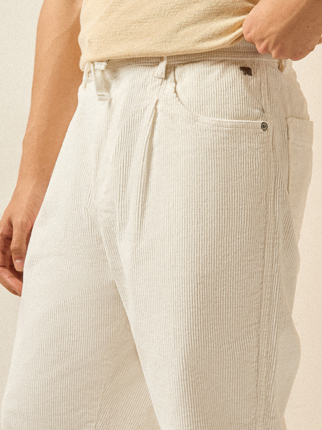 Men White Solid Baggy Fit Corduroy Cotton Pant