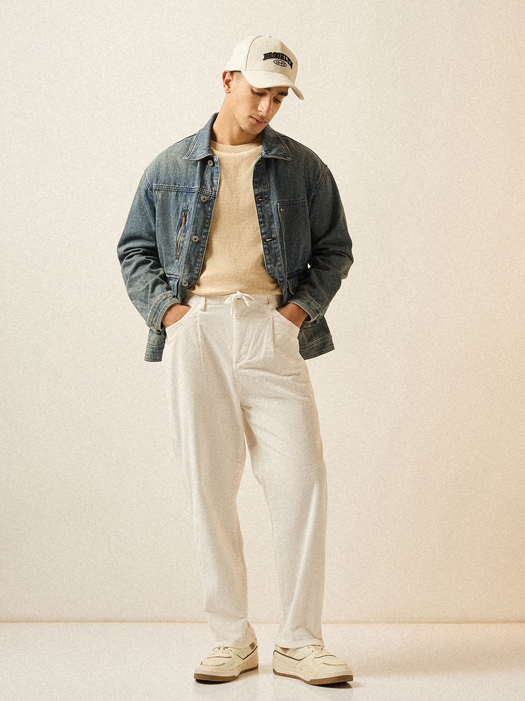 Men White Solid Baggy Fit Corduroy Cotton Pant