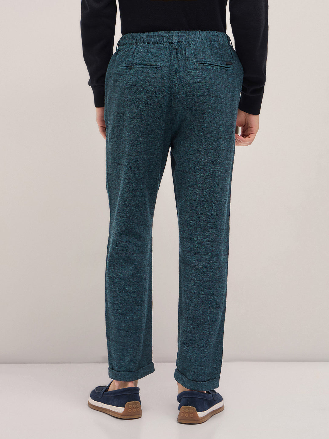 Men Teal Self Design Tapered Fit Elasticated Waist Casual Trouser