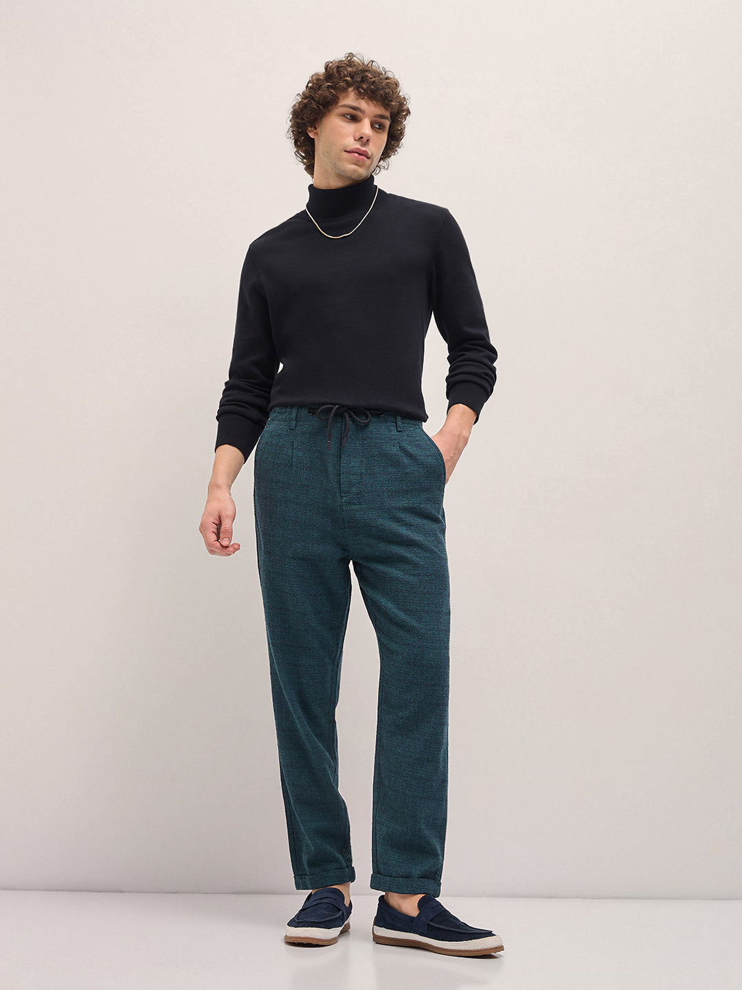Men Teal Self Design Tapered Fit Elasticated Waist Casual Trouser