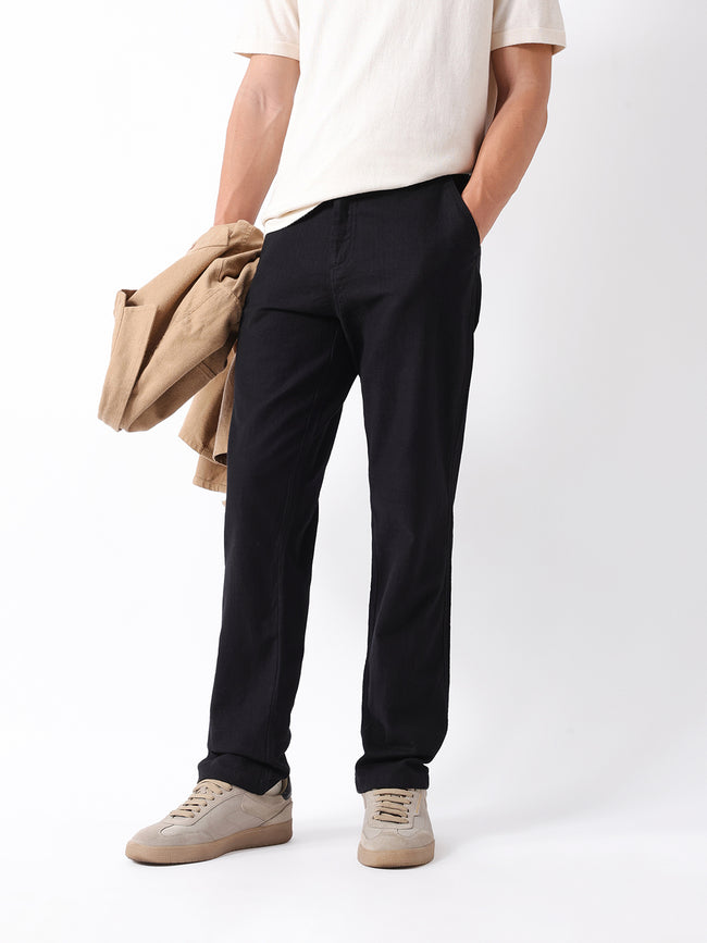 Men Black Self Design Trouser