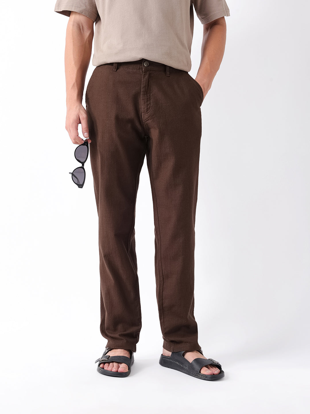 Men Brown Self Design Trouser