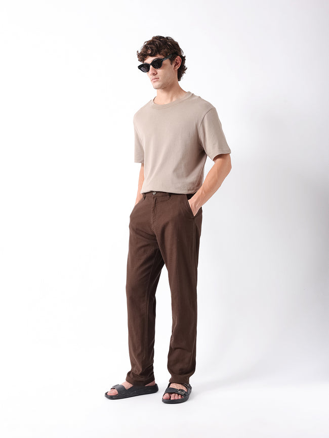 Men Brown Self Design Trouser