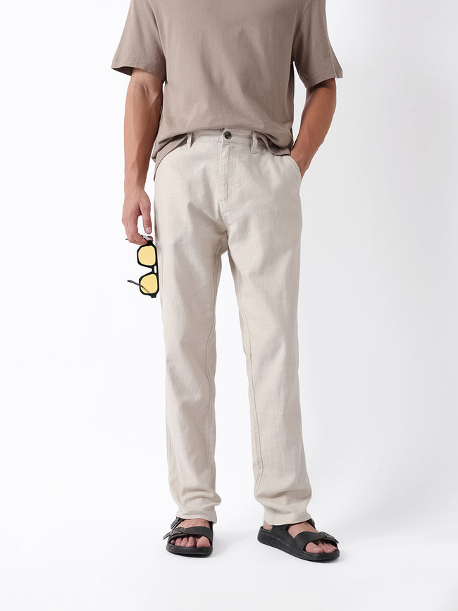 Men Cream Self Design Trouser