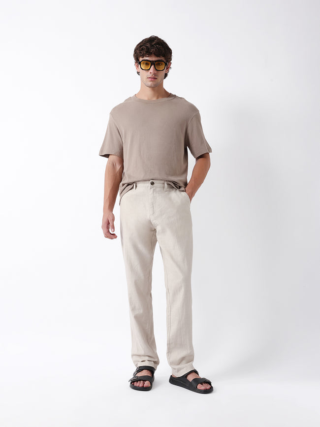 Men Cream Self Design Trouser