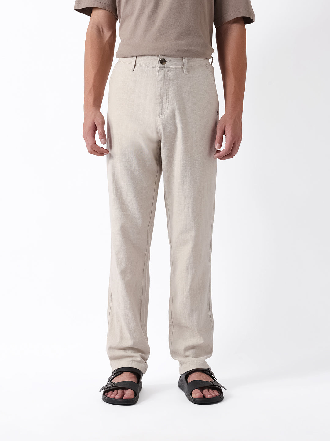 Men Cream Self Design Trouser