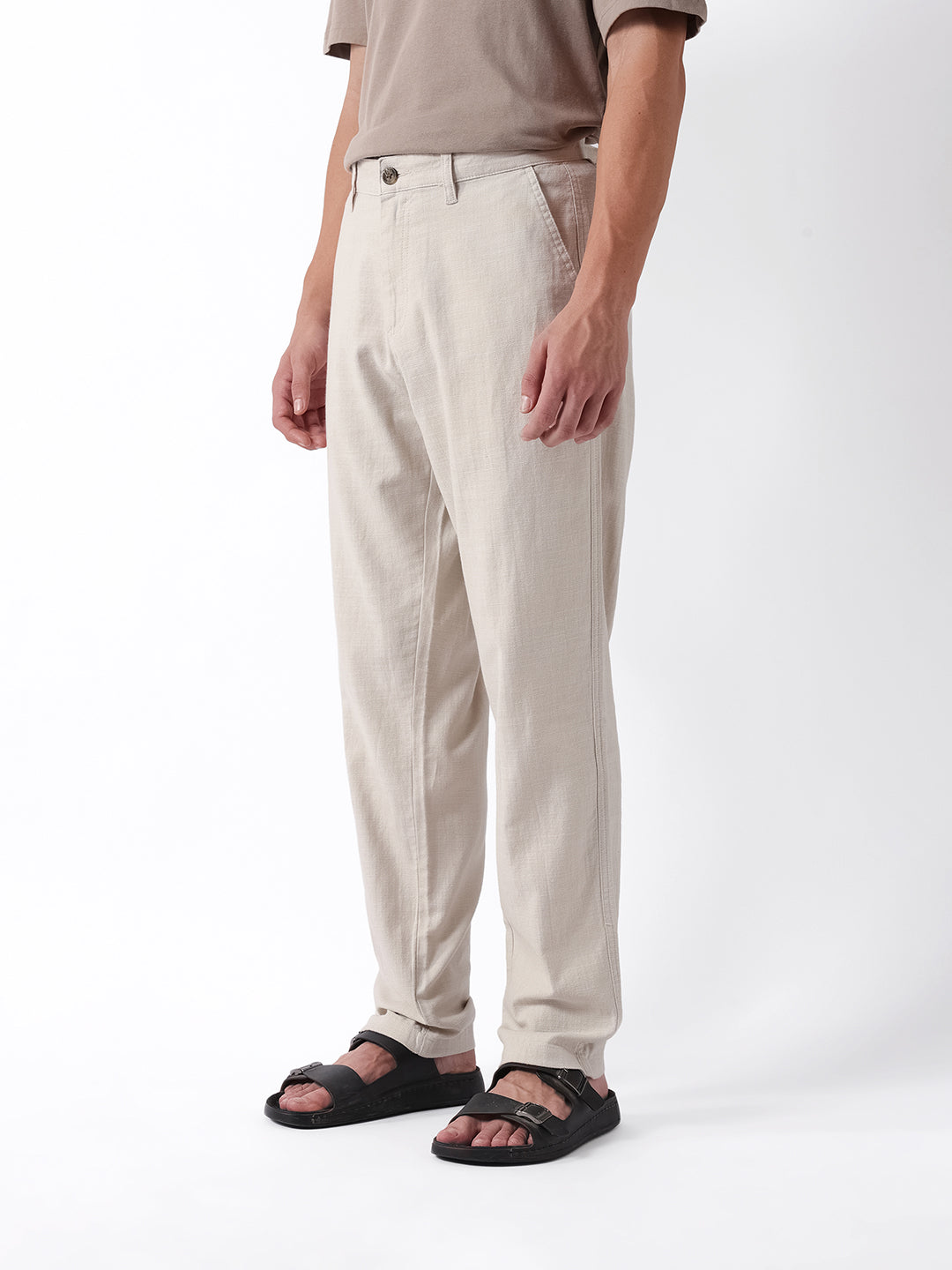 Men Cream Self Design Trouser