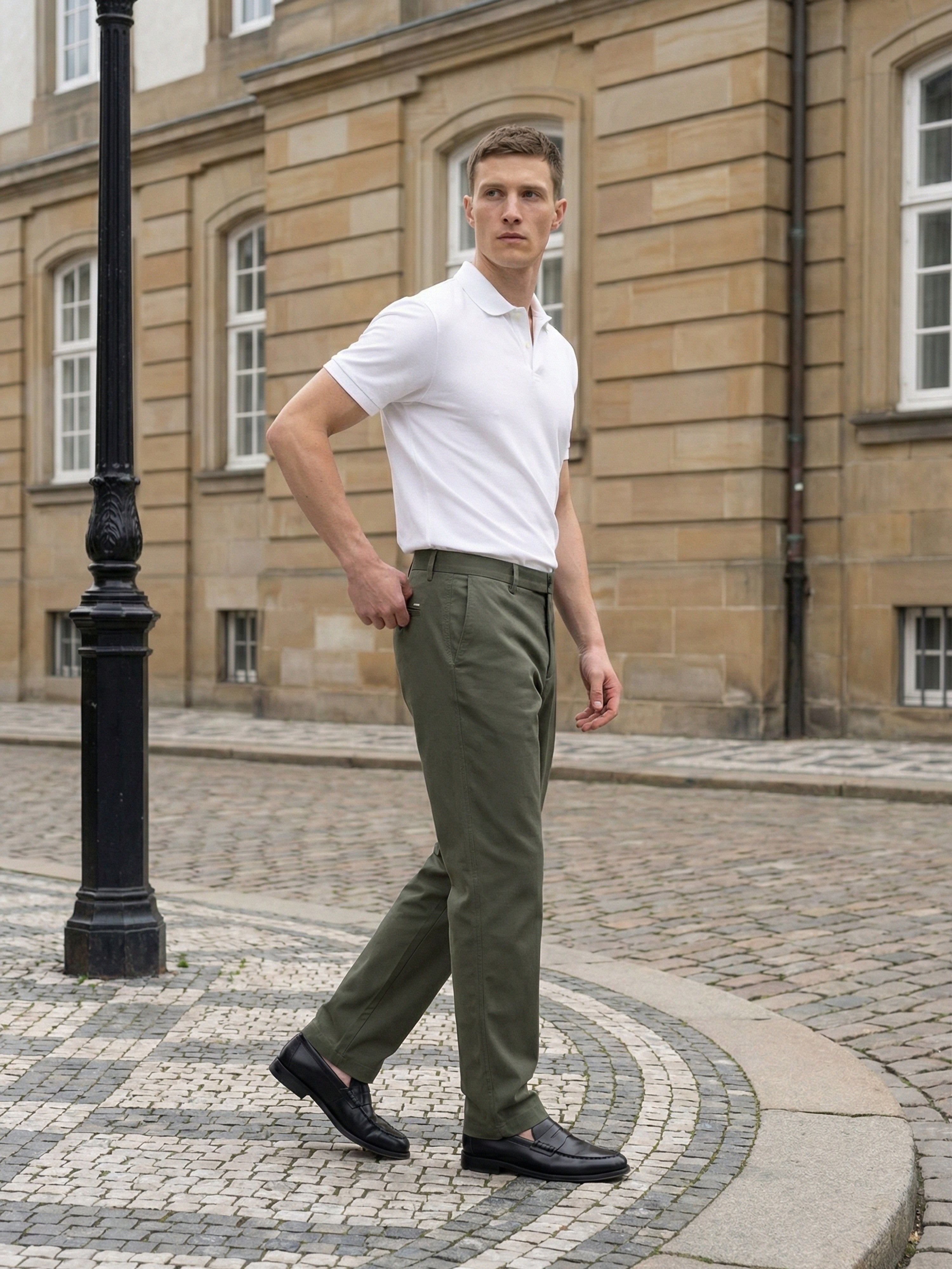 Men Olive Solid Casual Trouser