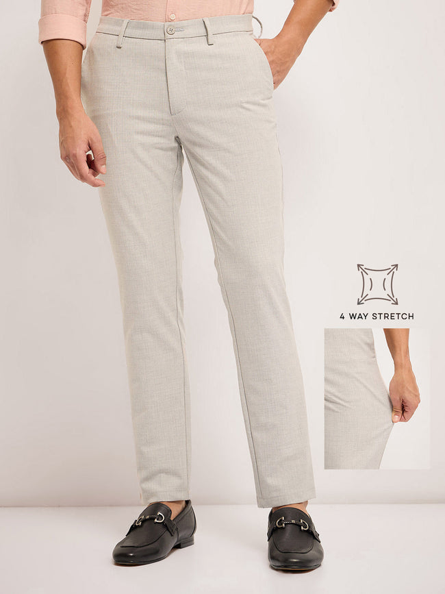 Men Grey Self Design 4 Way Stretch Formal Trouser