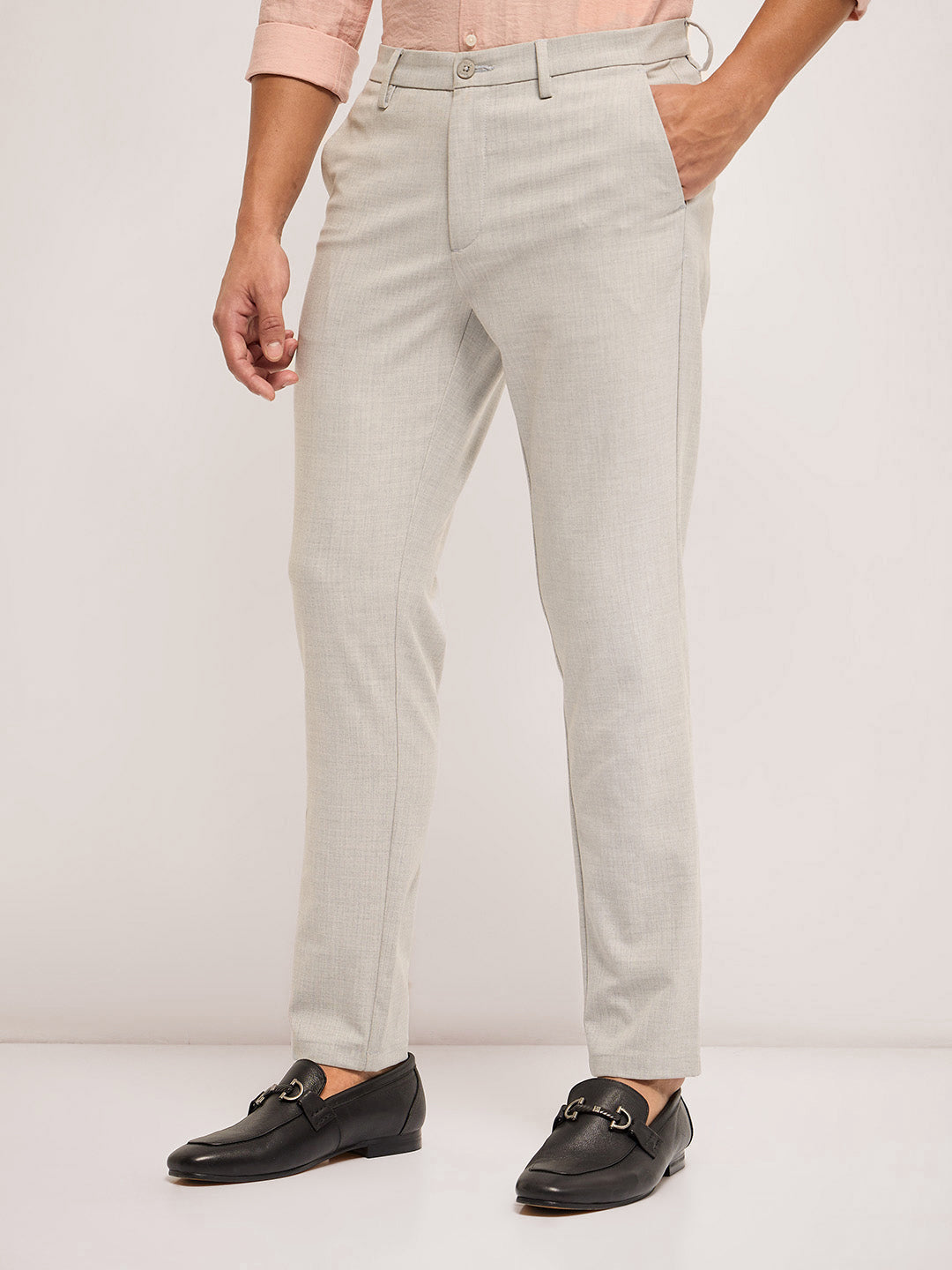 Men Grey Self Design 4 Way Stretch Formal Trouser