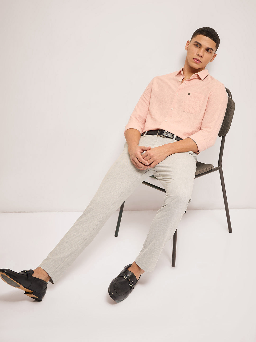 Men Grey Self Design 4 Way Stretch Formal Trouser