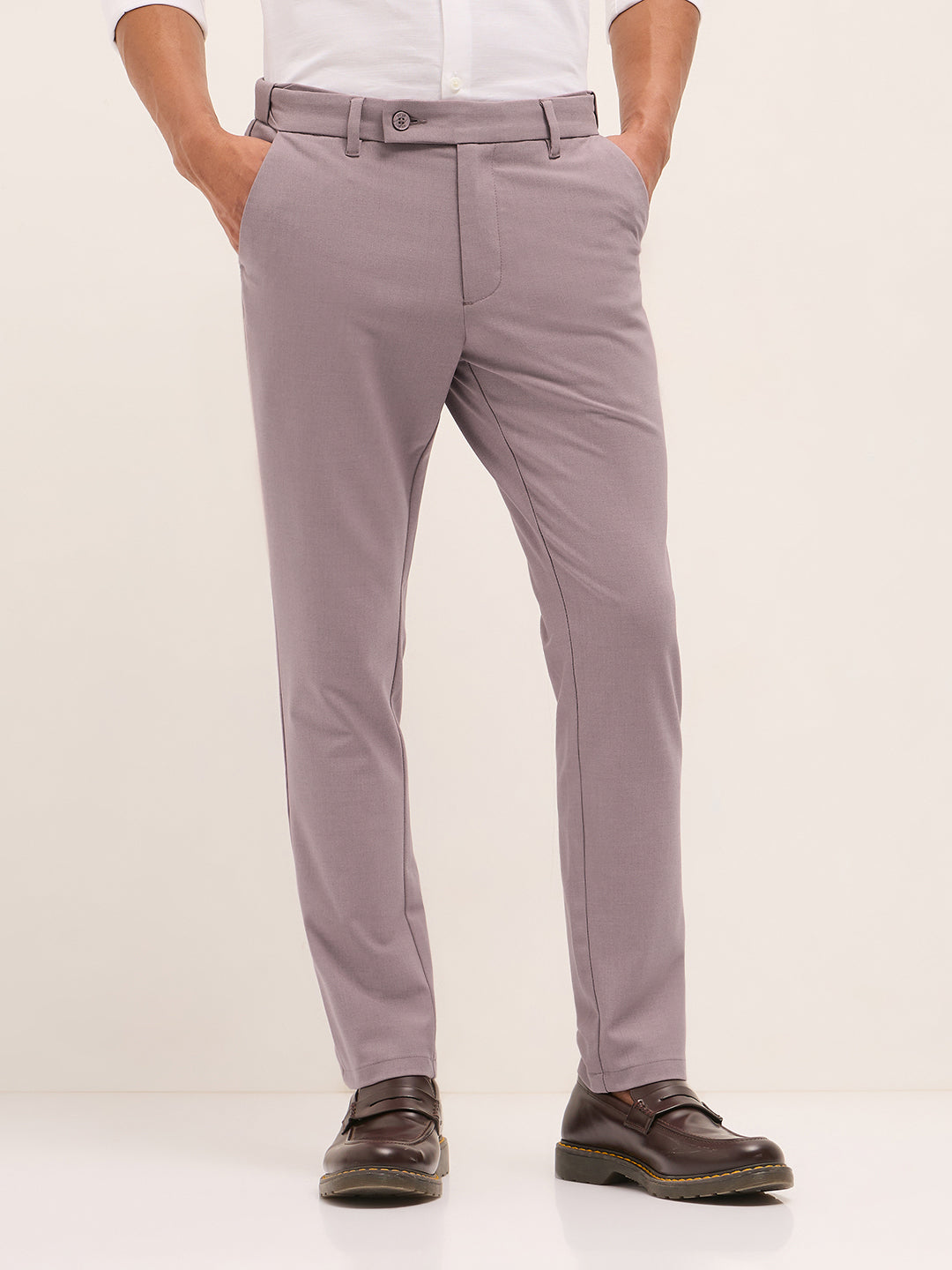 Men Pink Solid Polyester Blend Slim Fit Formal Trousers