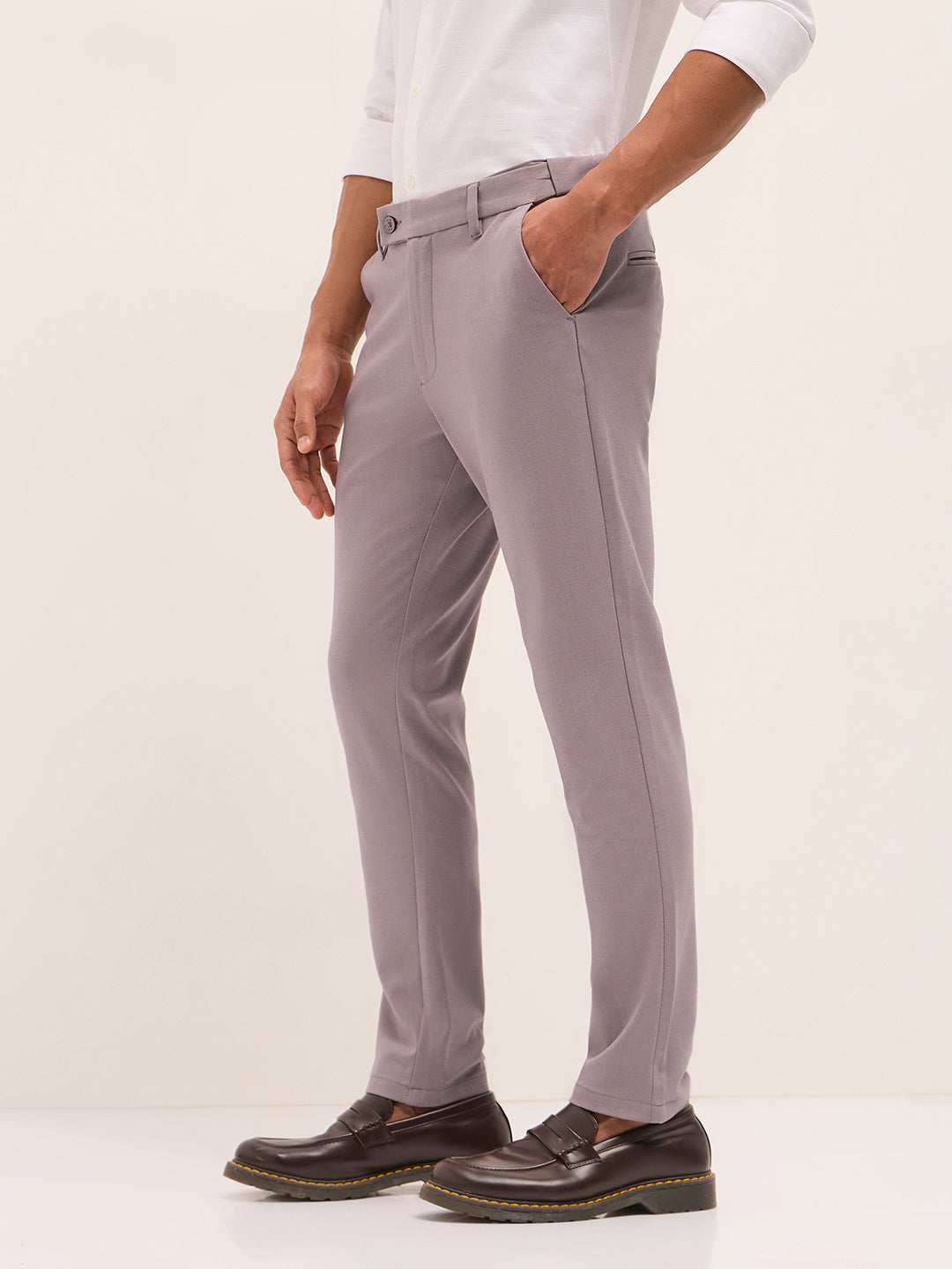 Men Pink Solid Polyester Blend Slim Fit Formal Trousers
