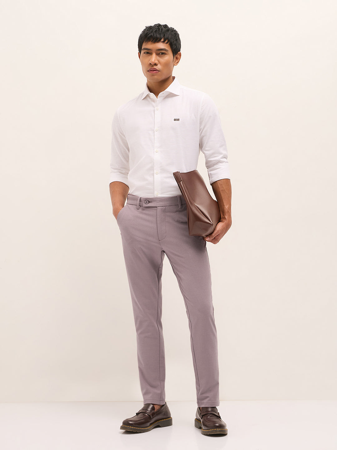Men Pink Solid Polyester Blend Slim Fit Formal Trousers