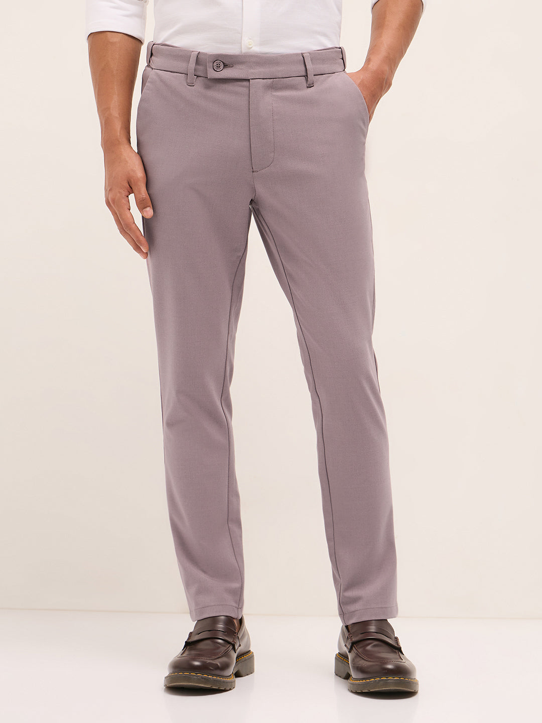 Men Pink Solid Polyester Blend Slim Fit Formal Trousers