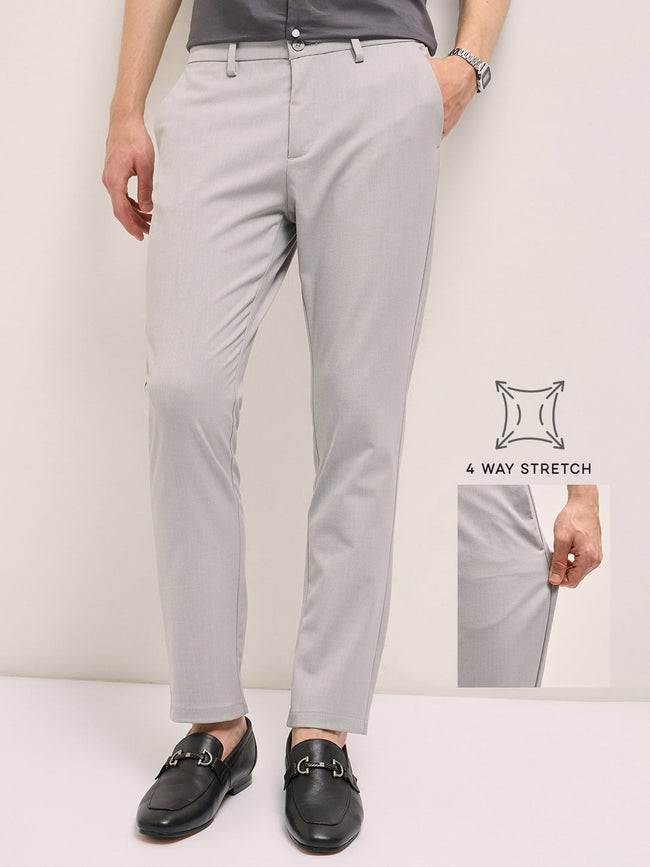 Men Light Grey Solid 4 Way Stretch Formal Trouser