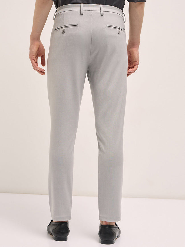 Men Light Grey Solid 4 Way Stretch Formal Trouser