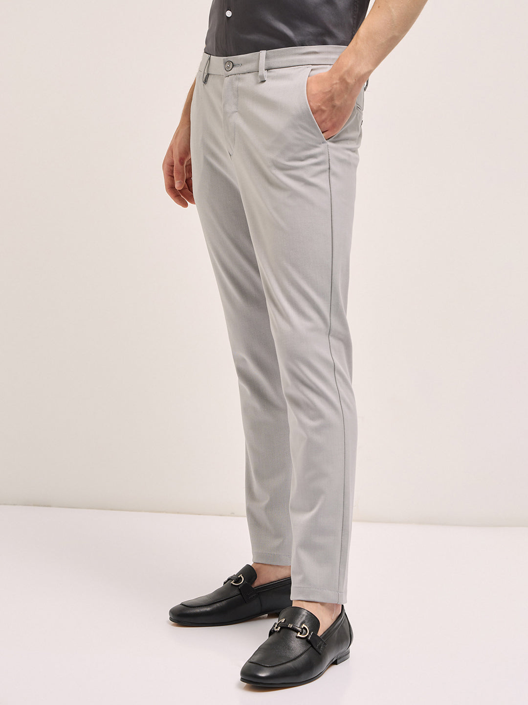 Men Light Grey Solid 4 Way Stretch Formal Trouser