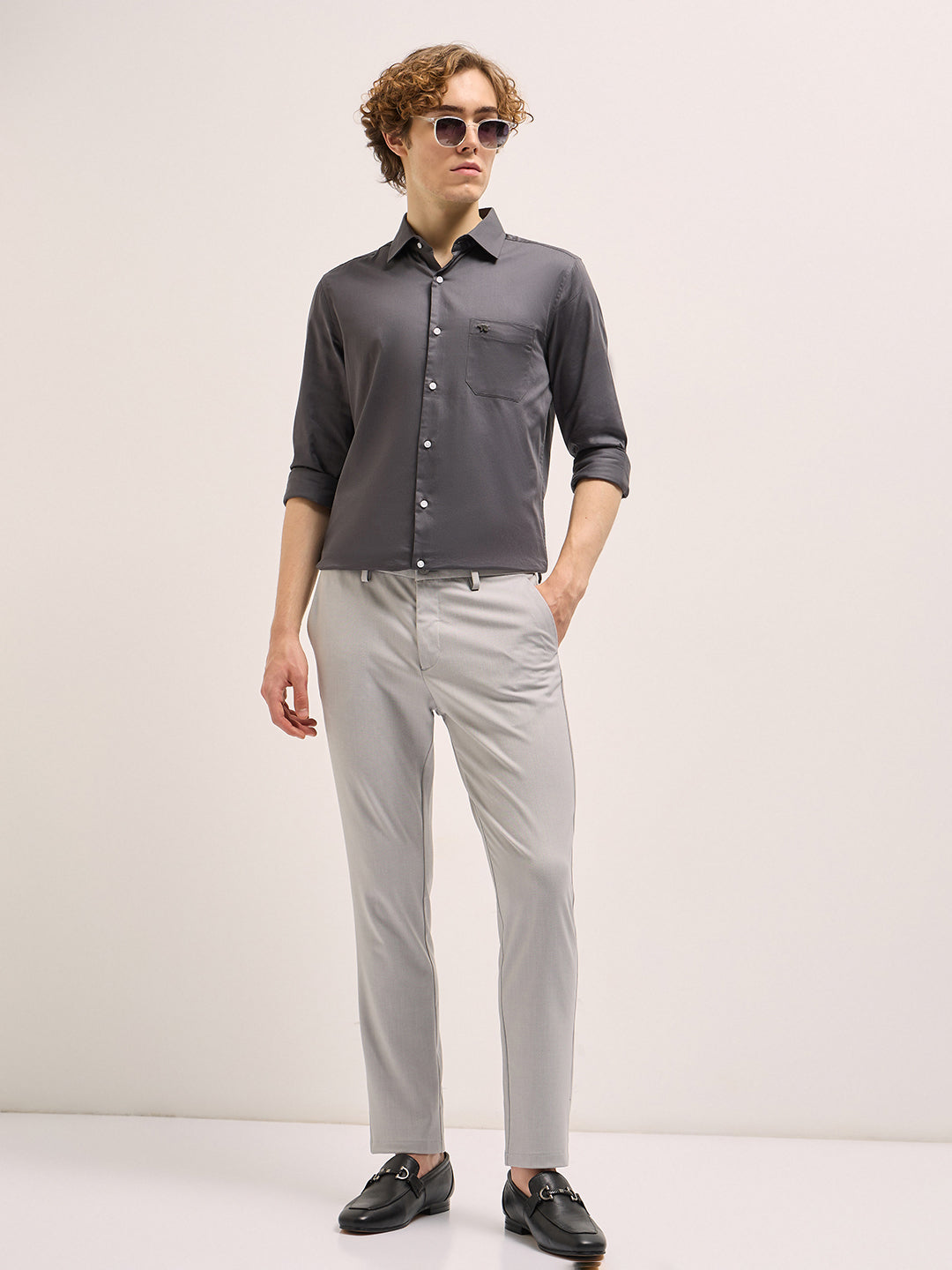 Men Light Grey Solid 4 Way Stretch Formal Trouser