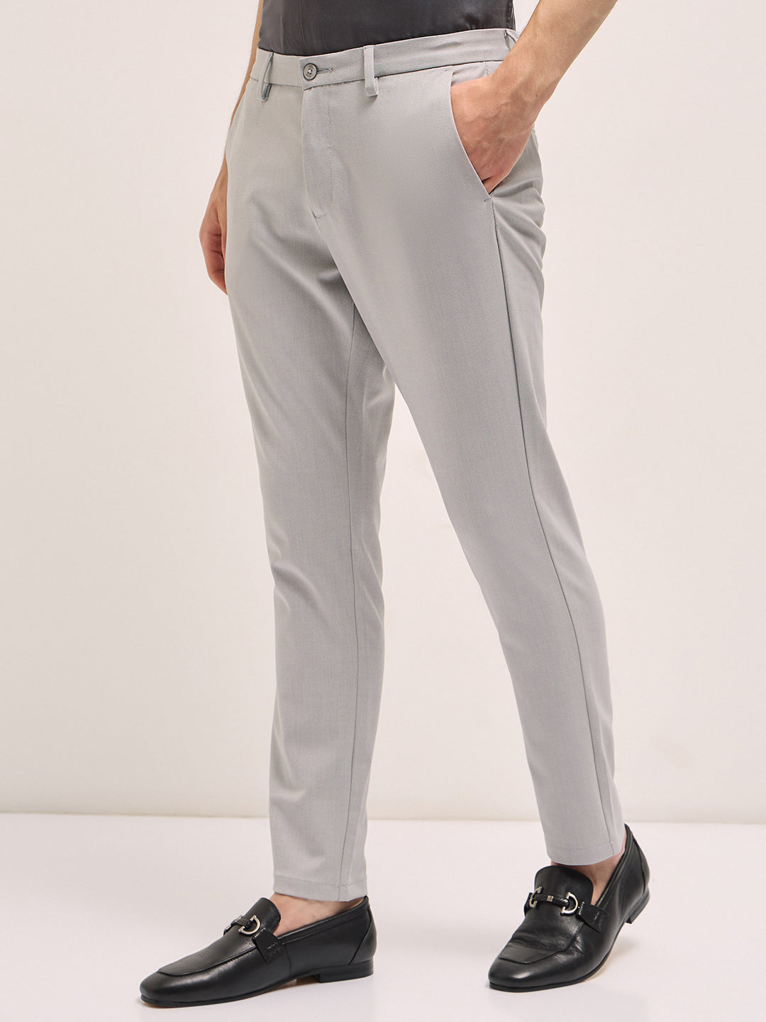 Men Light Grey Solid 4 Way Stretch Formal Trouser