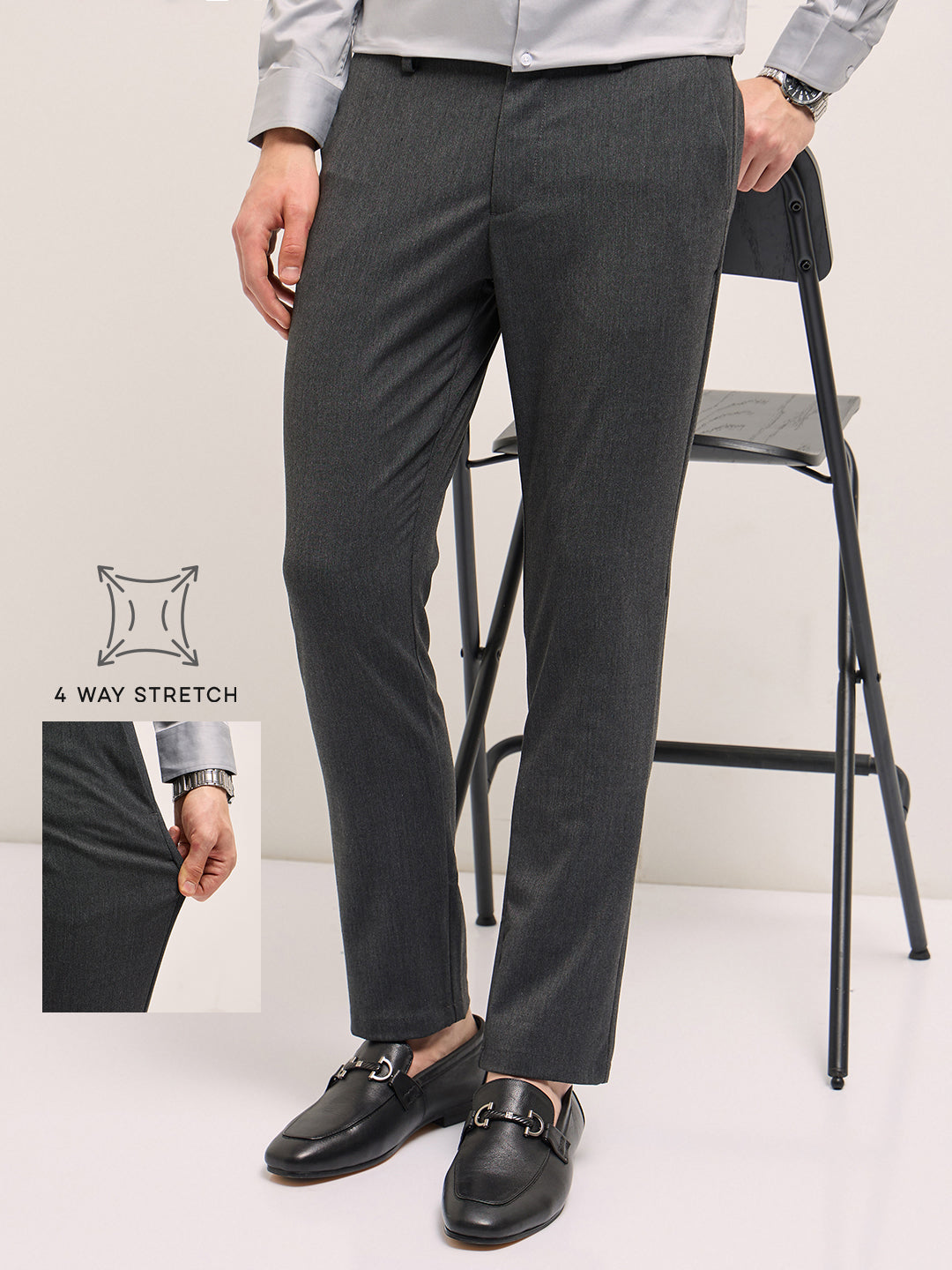 Men Charcoal Solid 4 Way Stretch Formal Trouser