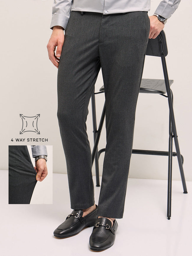 Men Charcoal Solid 4 Way Stretch Formal Trouser