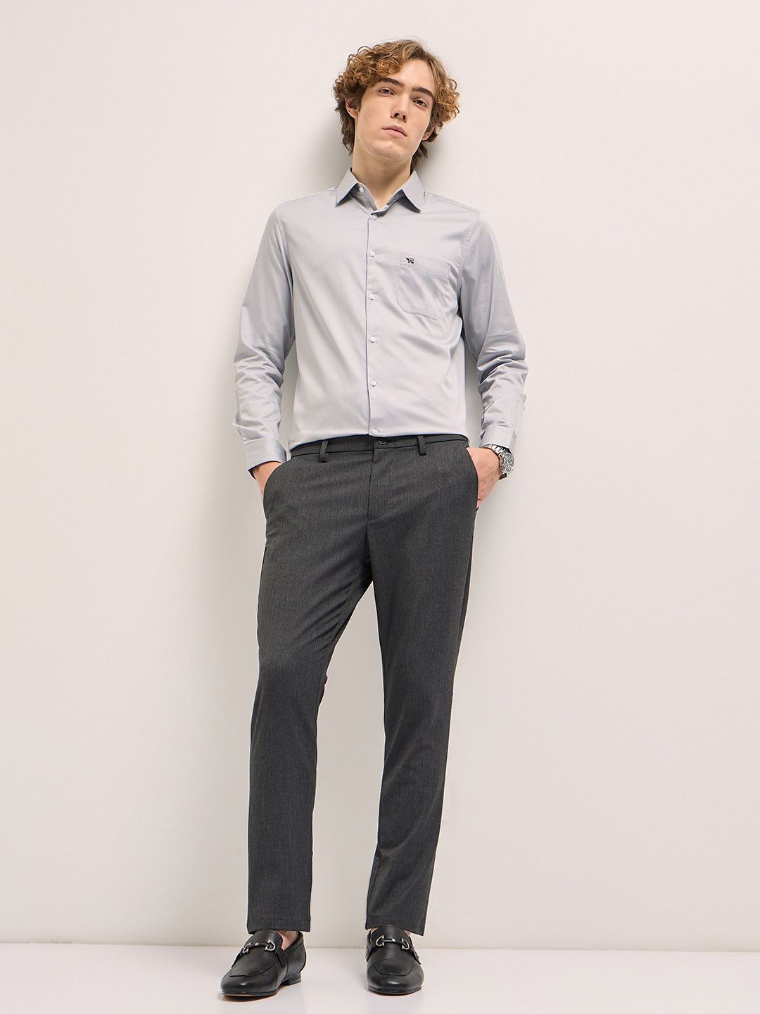 Men Charcoal Solid 4 Way Stretch Formal Trouser
