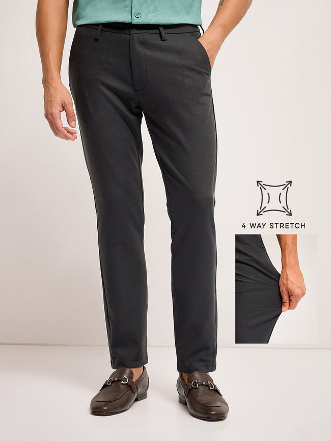 Men Dark Green Solid 4 Way Stretch Formal Trouser