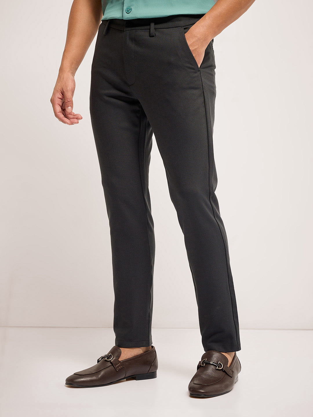 Men Dark Green Solid 4 Way Stretch Formal Trouser