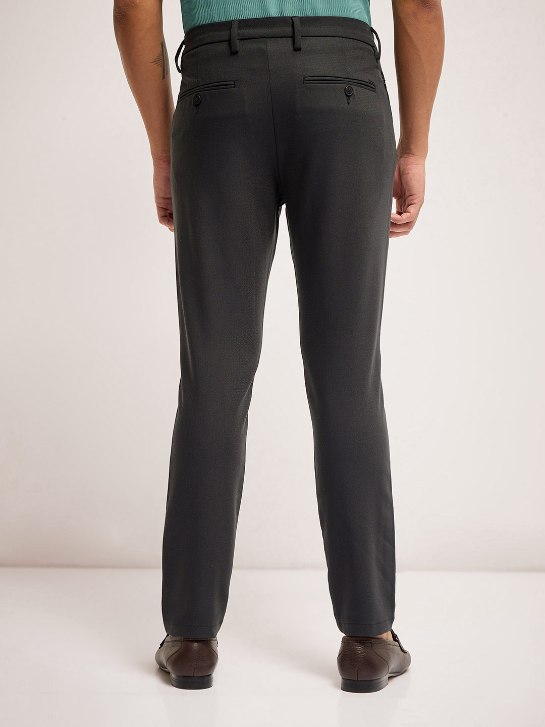 Men Dark Green Solid 4 Way Stretch Formal Trouser