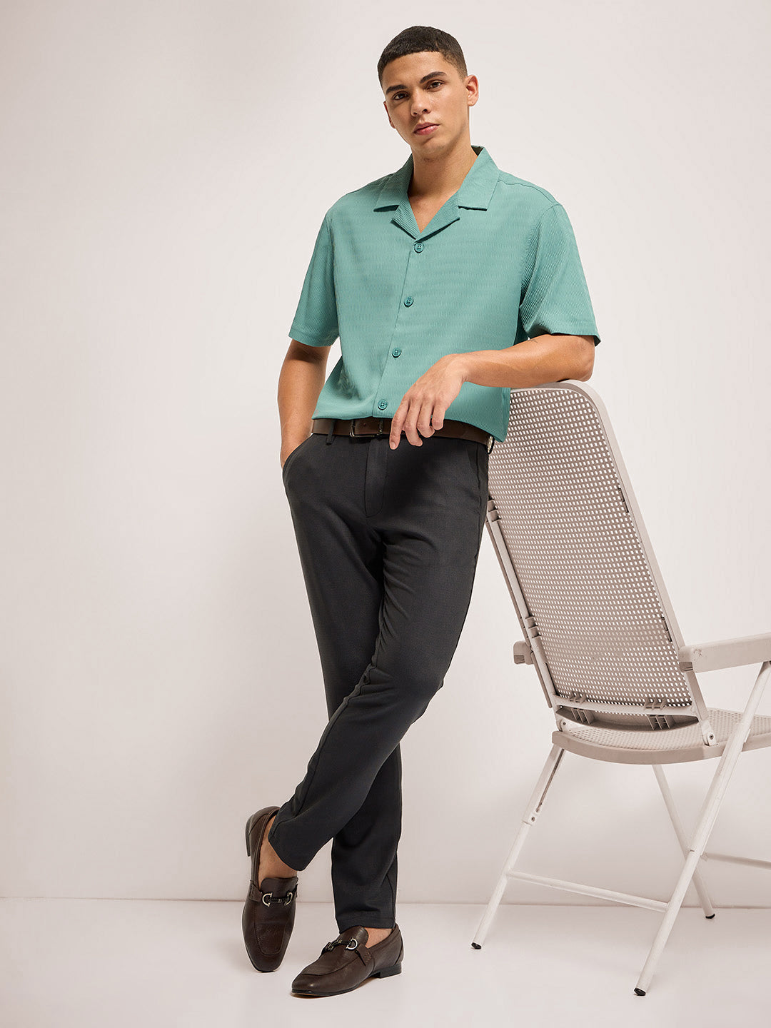 Men Dark Green Solid 4 Way Stretch Formal Trouser