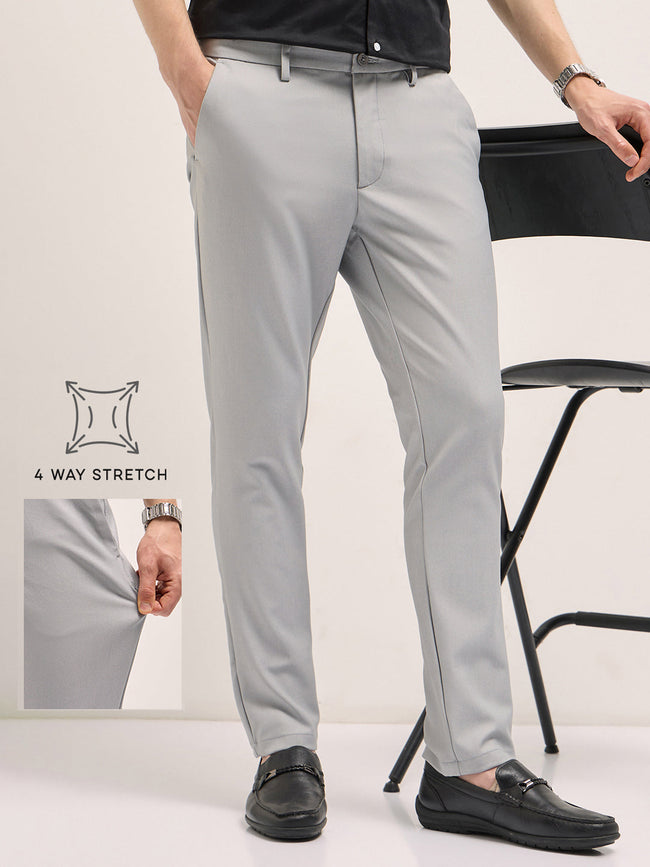 Men Grey Solid 4 Way Stretch Formal Trouser