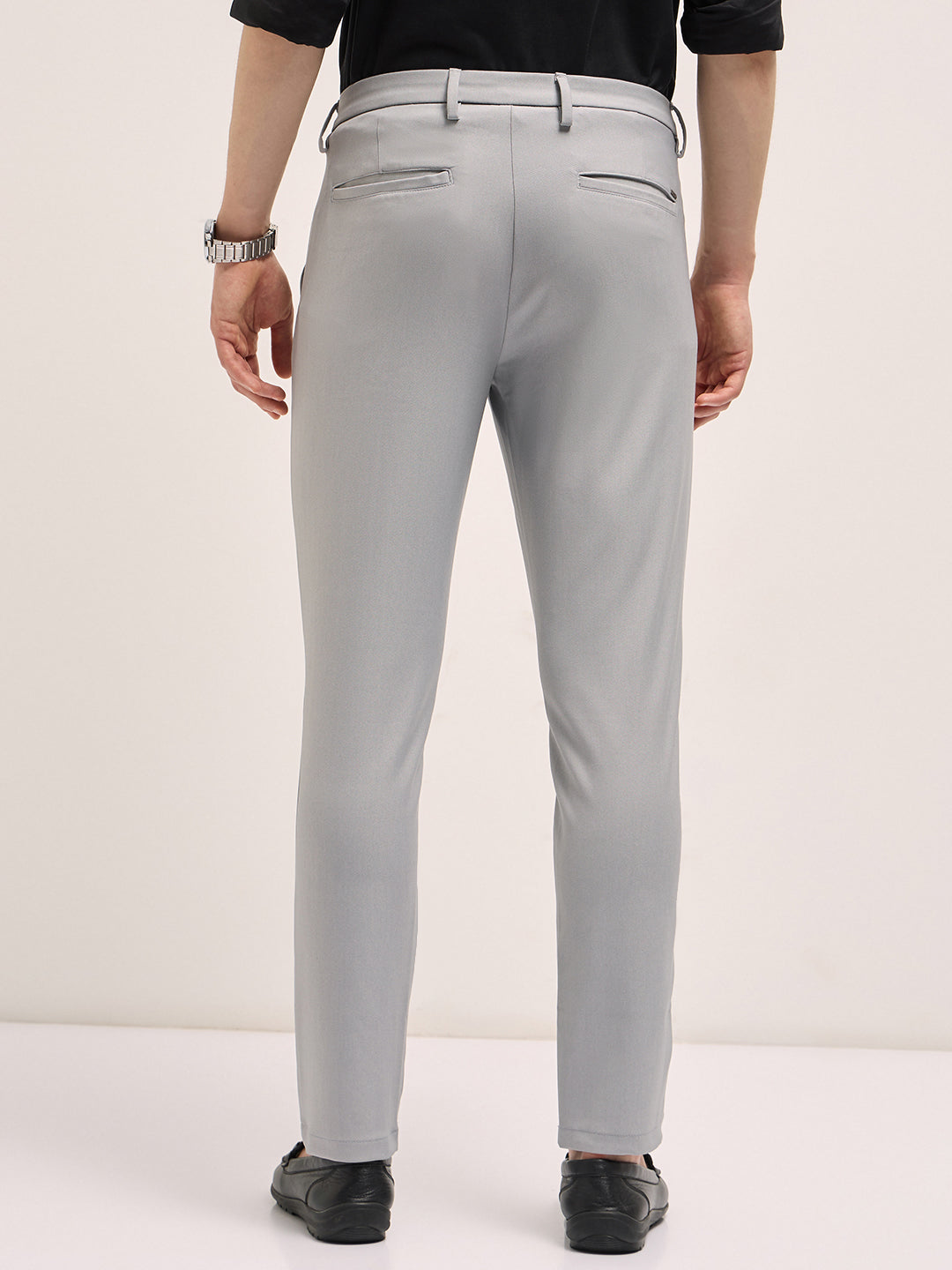 Men Grey Solid 4 Way Stretch Formal Trouser
