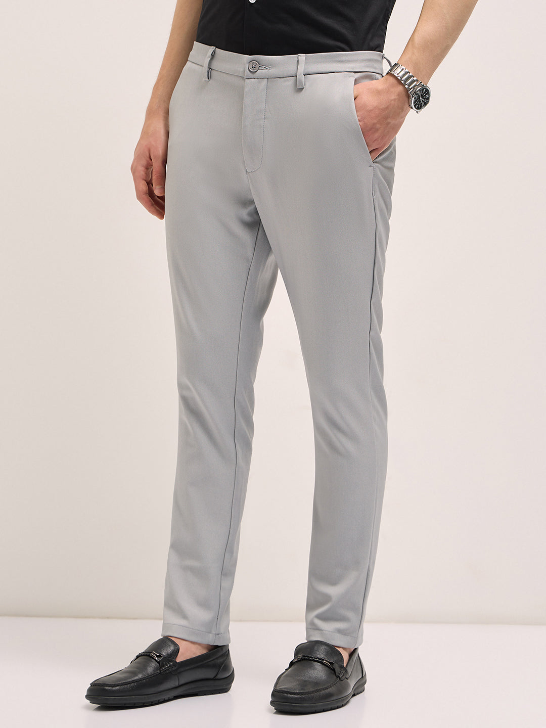 Men Grey Solid 4 Way Stretch Formal Trouser