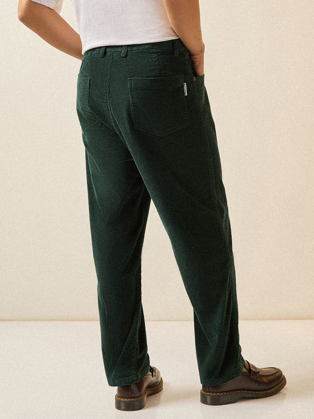 Men Dark Green Solid Baggy Fit Corduroy Cotton Pant