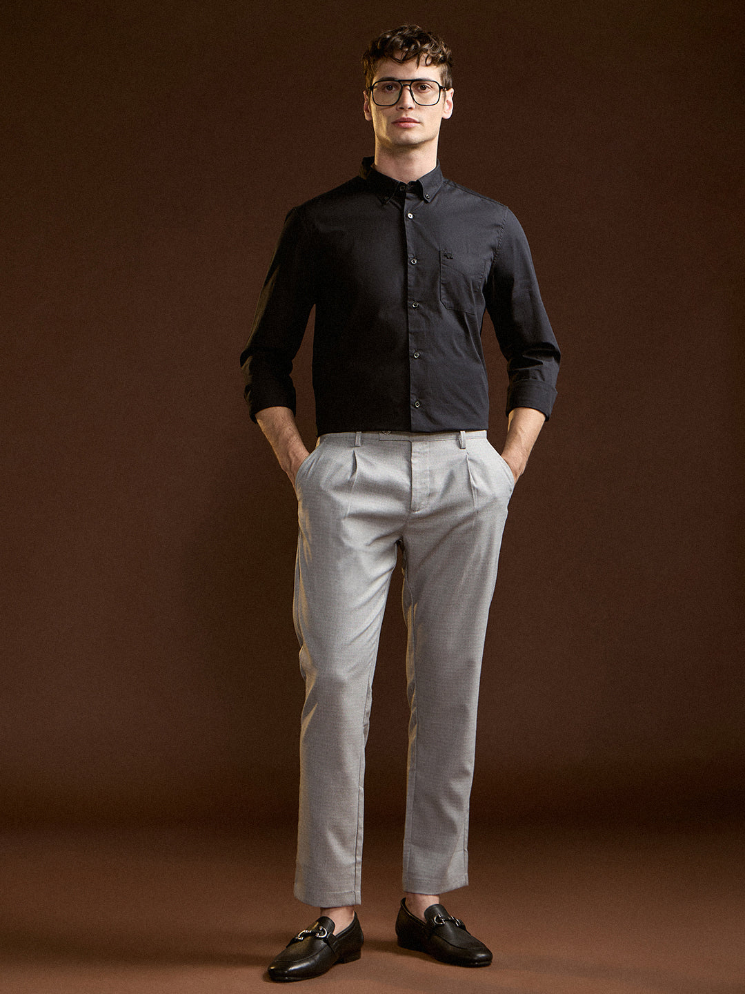 Men Grey Solid Regular Fit Formal Trouser