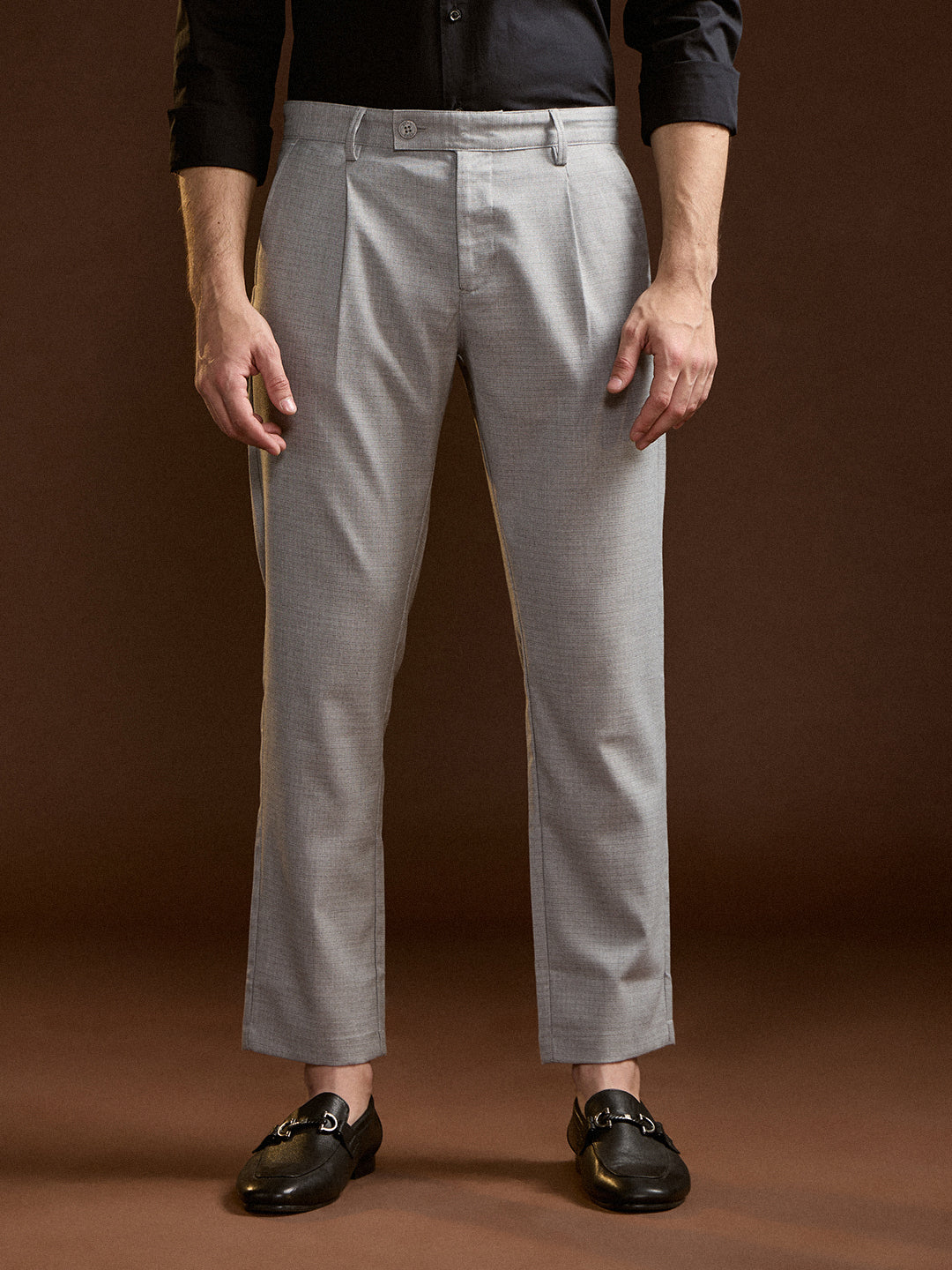 Men Grey Solid Regular Fit Formal Trouser