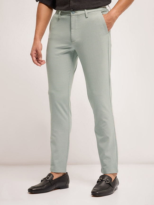 Men Light Green Self Design 4 Way Stretch Formal Trouser