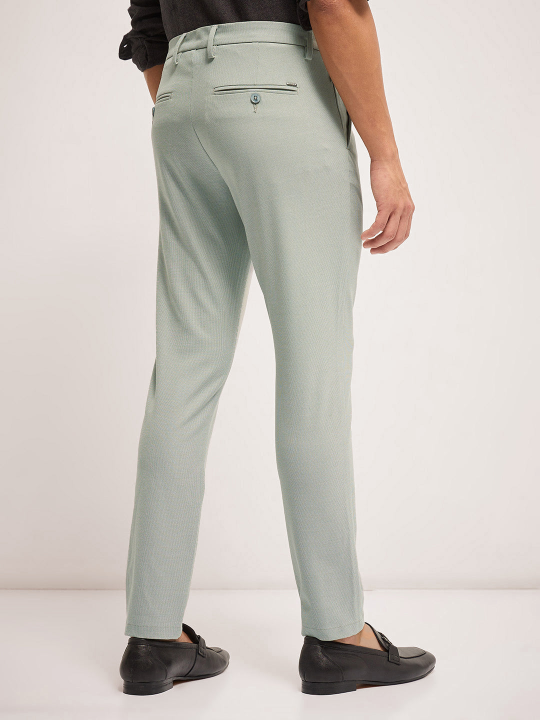 Men Light Green Self Design 4 Way Stretch Formal Trouser