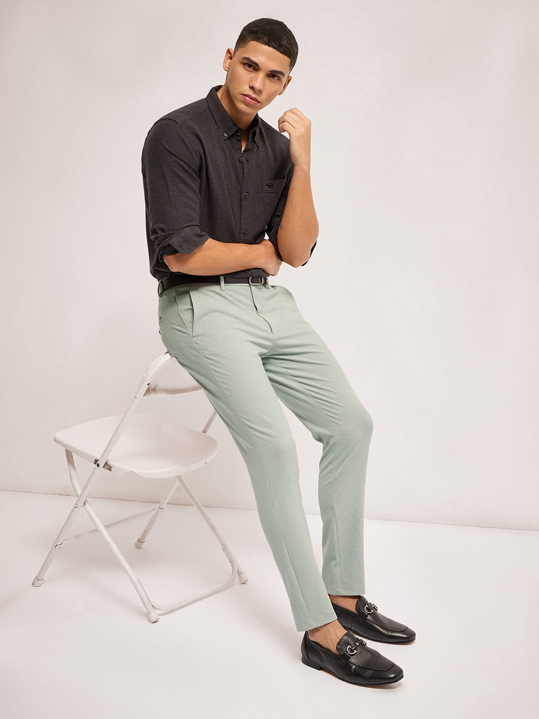 Men Light Green Self Design 4 Way Stretch Formal Trouser