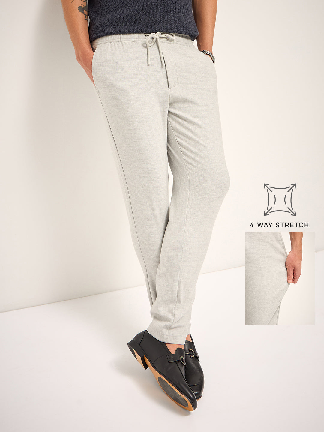 Men Grey Solid 4 Way Stretch Formal Trouser