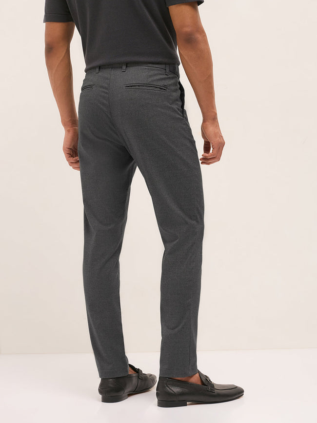 Men Grey Woven Pinstripe Slim Fit Formal Trousers