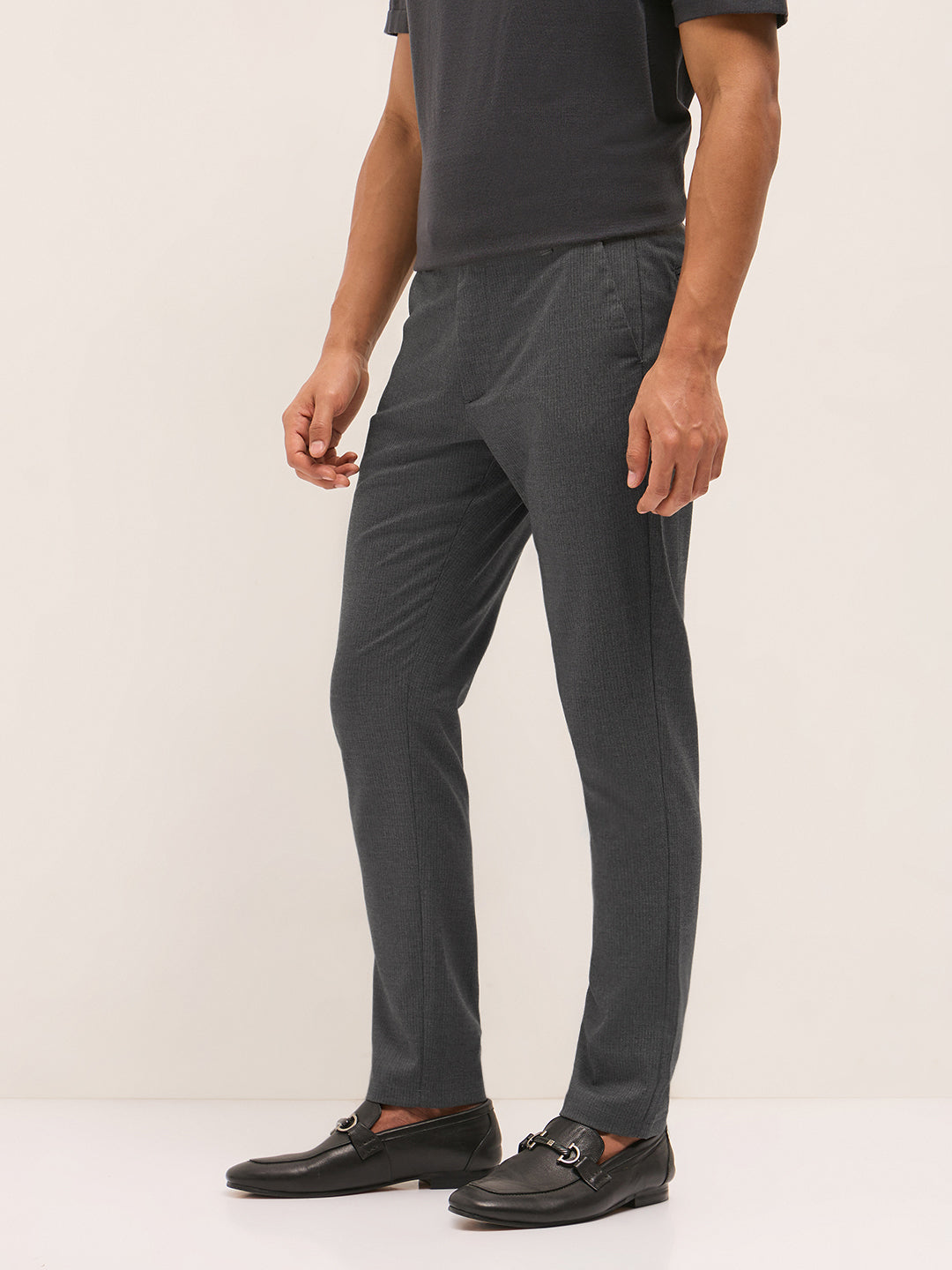 Men Grey Woven Pinstripe Slim Fit Formal Trousers